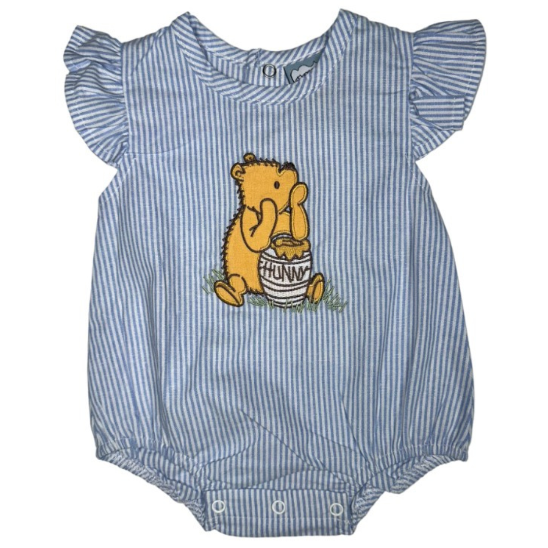 blue and white striped girl bubble with wing sleeves and winnie the pooh eating honey applique