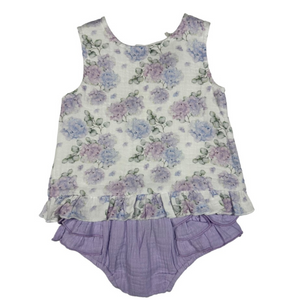 purple hydrangea print short sleeve shirt with matching purple bloomers 