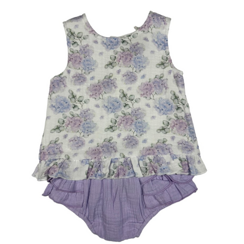 purple hydrangea print short sleeve shirt with matching purple bloomers 
