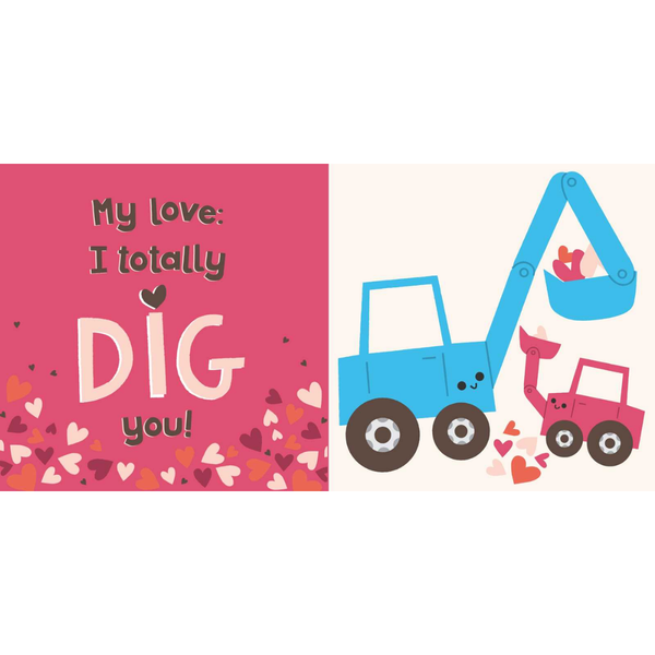 Valentine's Day book with a blue and pink excavator and hearts on a pink background.
