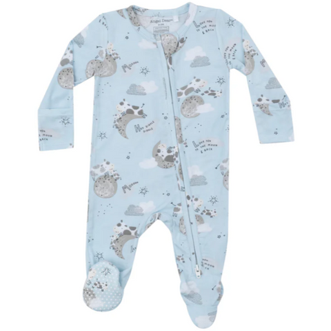 Blue footie with cows and i love you to the moon and back saying