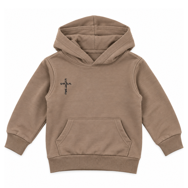 Tan hoodie with camo back graphic reading “In the Lord’s Army” and small cross detail on front. 