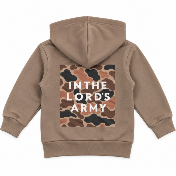 A beige hoodie with camouflage design and text. 