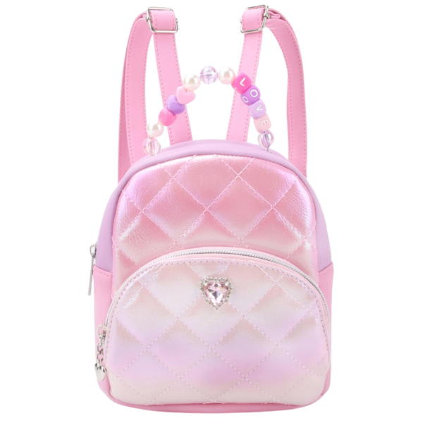 Pink iridescent quilted mini backpack with colorblock sides, beaded handle with love letters, and rhinestone heart detail