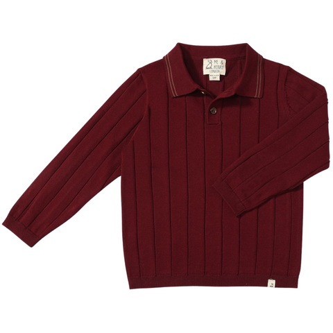 burgundy long sleeve sweater with a collar and stripes
