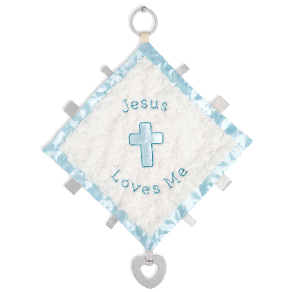 Baby comfort blanket with 'Jesus Loves Me' text and cross symbol on a white background