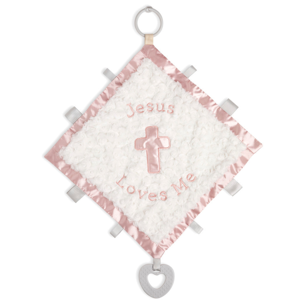 small white blanket teether with a pink silk trim and "jesus loves me" written in pink and a cross and plastic hook for hanging on stroller
