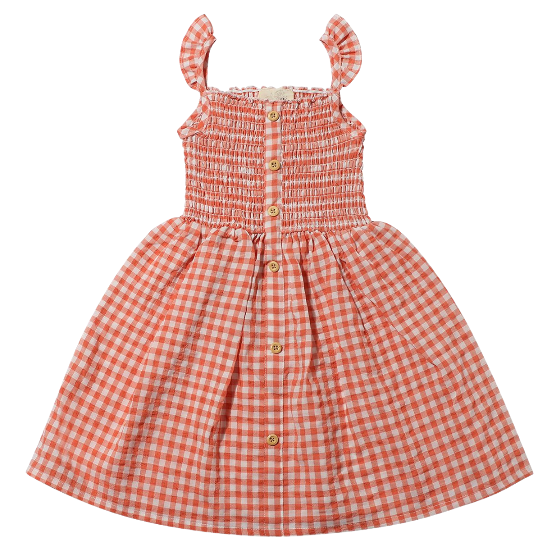 orange plaid sleeveless dress with ruffle seleeves and buttons down the middle. 