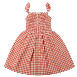 orange plaid sleeveless dress with ruffle seleeves and buttons down the middle. 