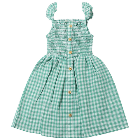 green plaid sleeveless dress with ruffle seleeves and buttons down the middle. 