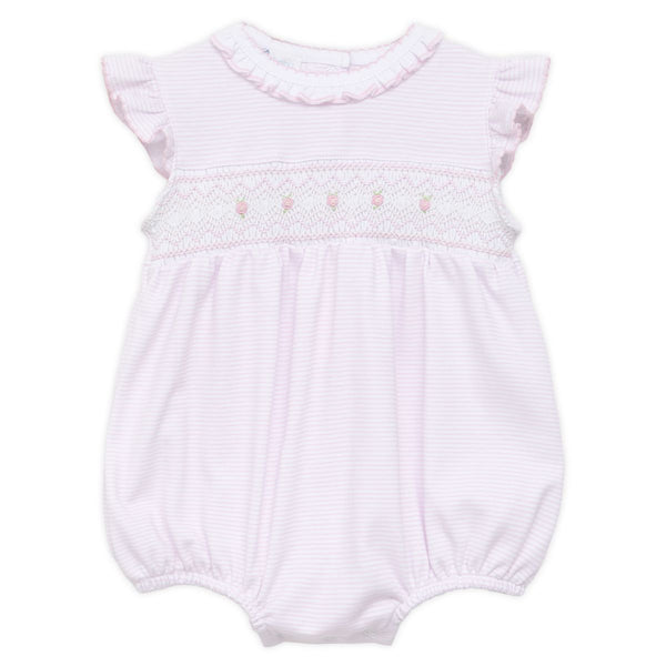 Pink striped baby bubble romper with smocked chest, ruffled neckline, flutter sleeves, and snap closure on a white background