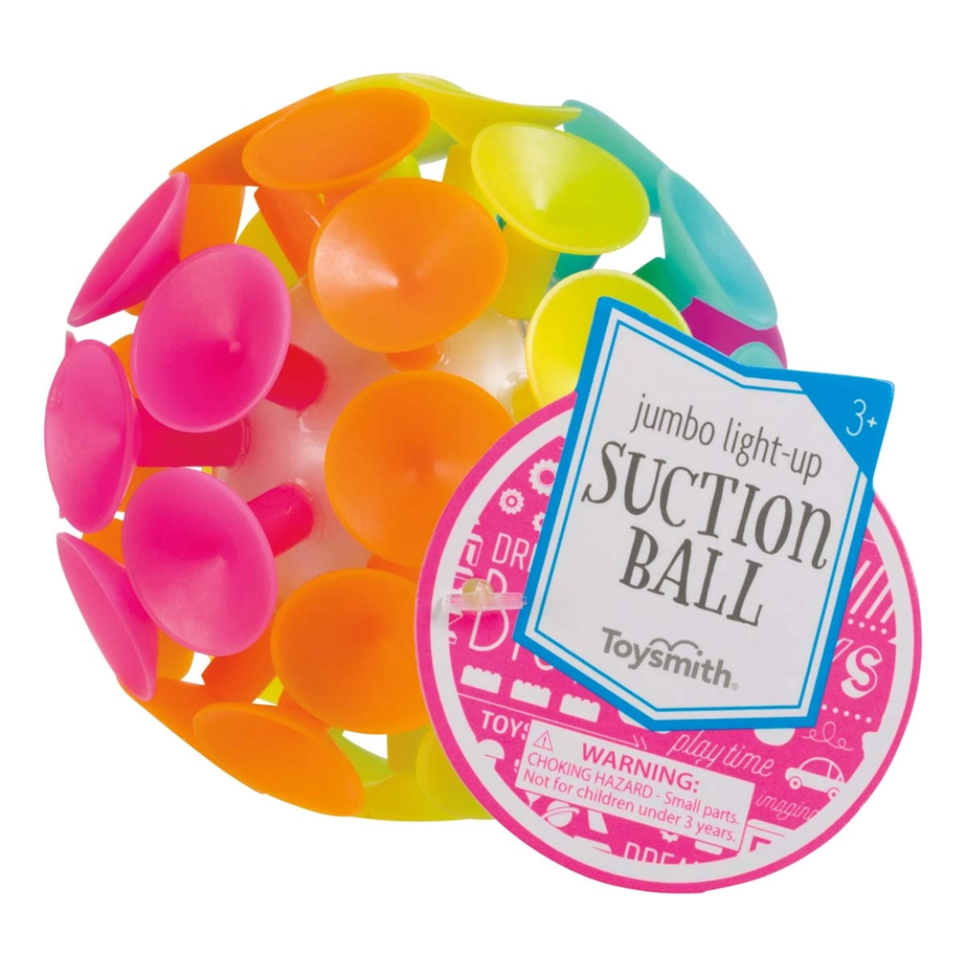 Neon jumbo light-up suction ball with colorful suction cups and Toysmith tag attached.