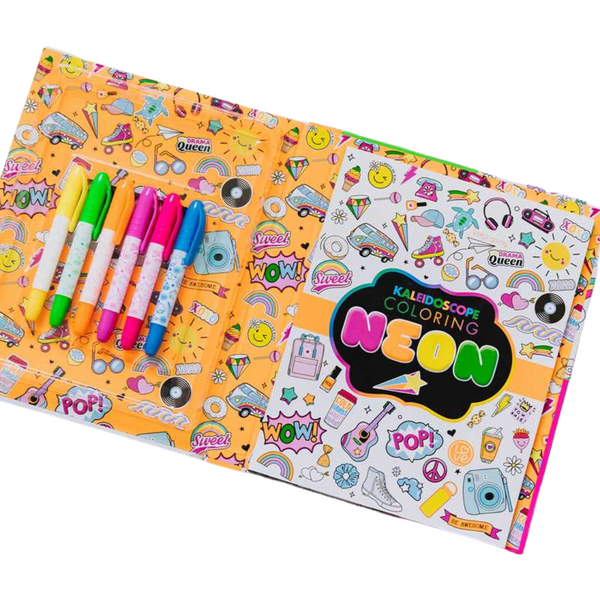 Open Neon coloring kit showing included markers and interior coloring pages filled with whimsical, on-trend designs.