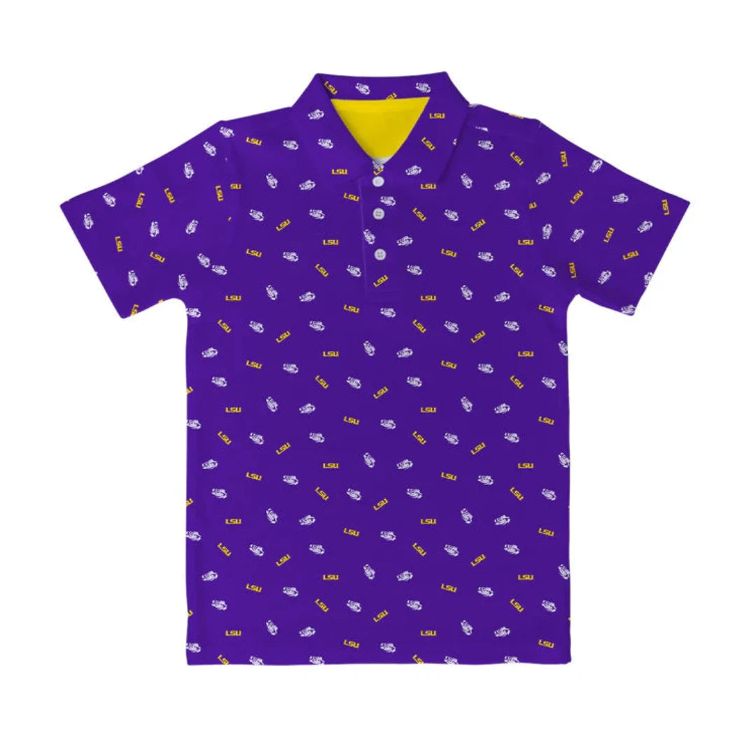 Purple short sleeve polo with LSU logo and tigers eye