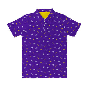 Purple short sleeve polo with LSU logo and tigers eye