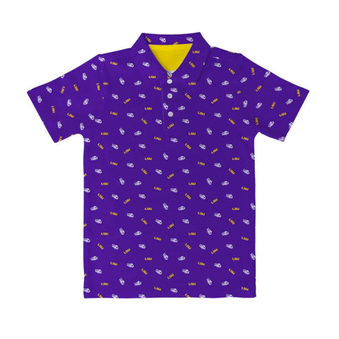 Purple short sleeve polo with LSU logo and tigers eye