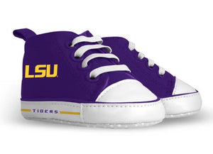 lsu soft baby shoe. purple with gold lsu lettering on the sides and tigers written on the white sole