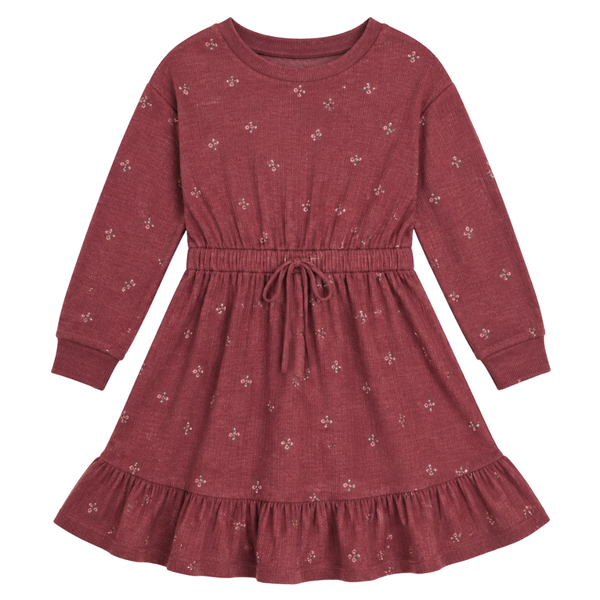 Girls maroon long-sleeve knit dress with a tiny floral print, adjustable drawstring waist and ruffled hem.