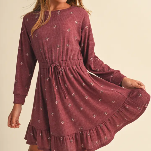 Maroon Floral L/S Knit Dress