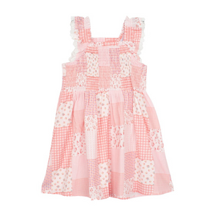 patch work design dress with pink gingham and pink flowers and ruffles
