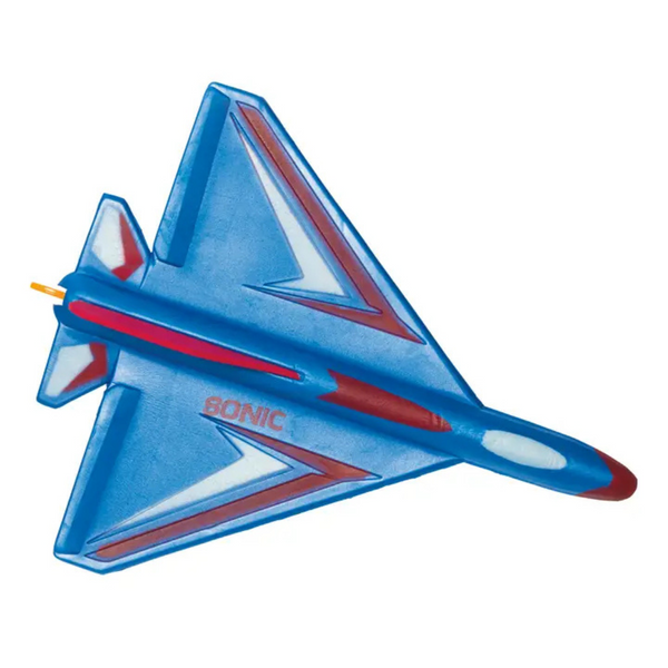 Blue and red toy airplane with 'Sonic' branding on a white background