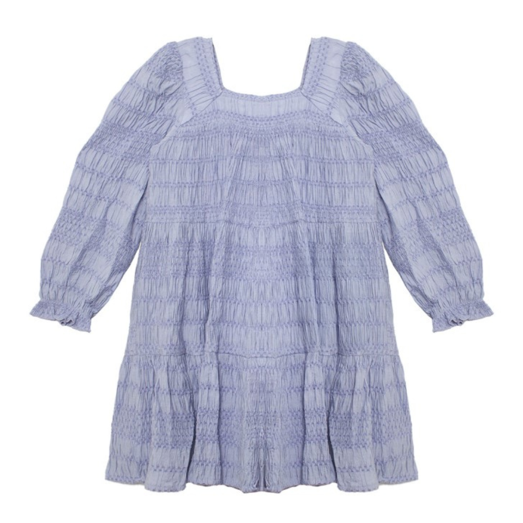 Front view of a blue girls' dress with textured smocking, square neckline, and gathered sleeves.