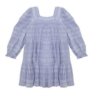 Front view of a blue girls' dress with textured smocking, square neckline, and gathered sleeves.