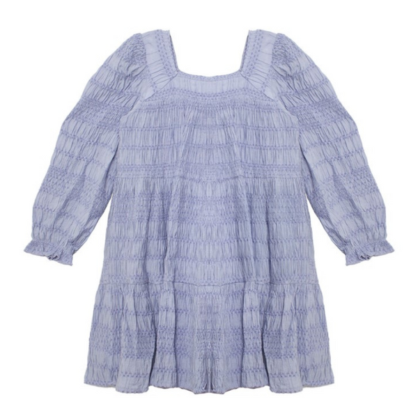 Front view of a blue girls' dress with textured smocking, square neckline, and gathered sleeves.