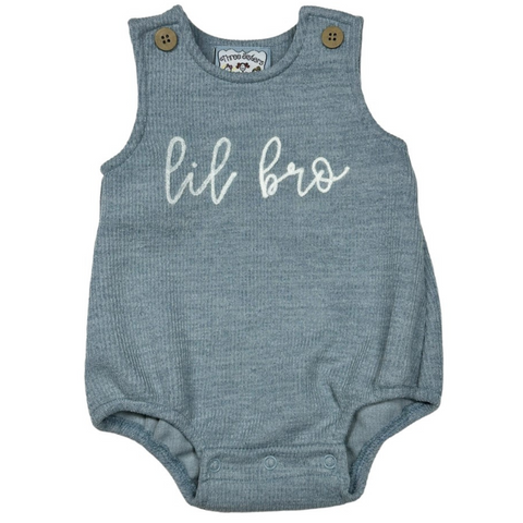 blue sleeveless boy bubble with lil bro in white cursive applique 