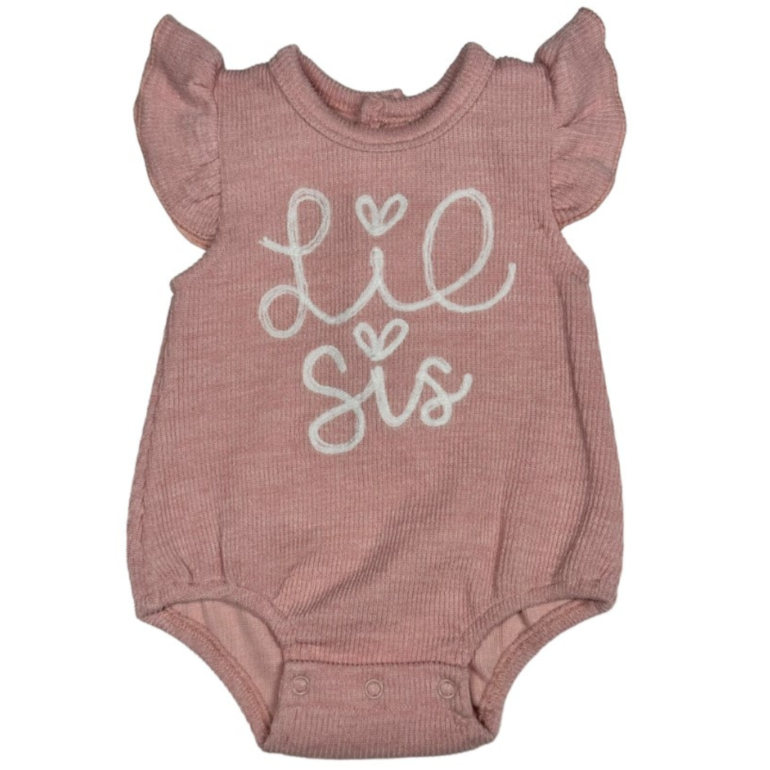 pink ribbed girl bubble with winged sleeved and lil sis applique