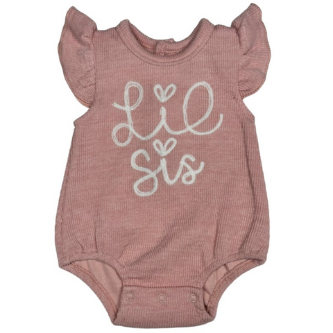 pink ribbed girl bubble with winged sleeved and lil sis applique