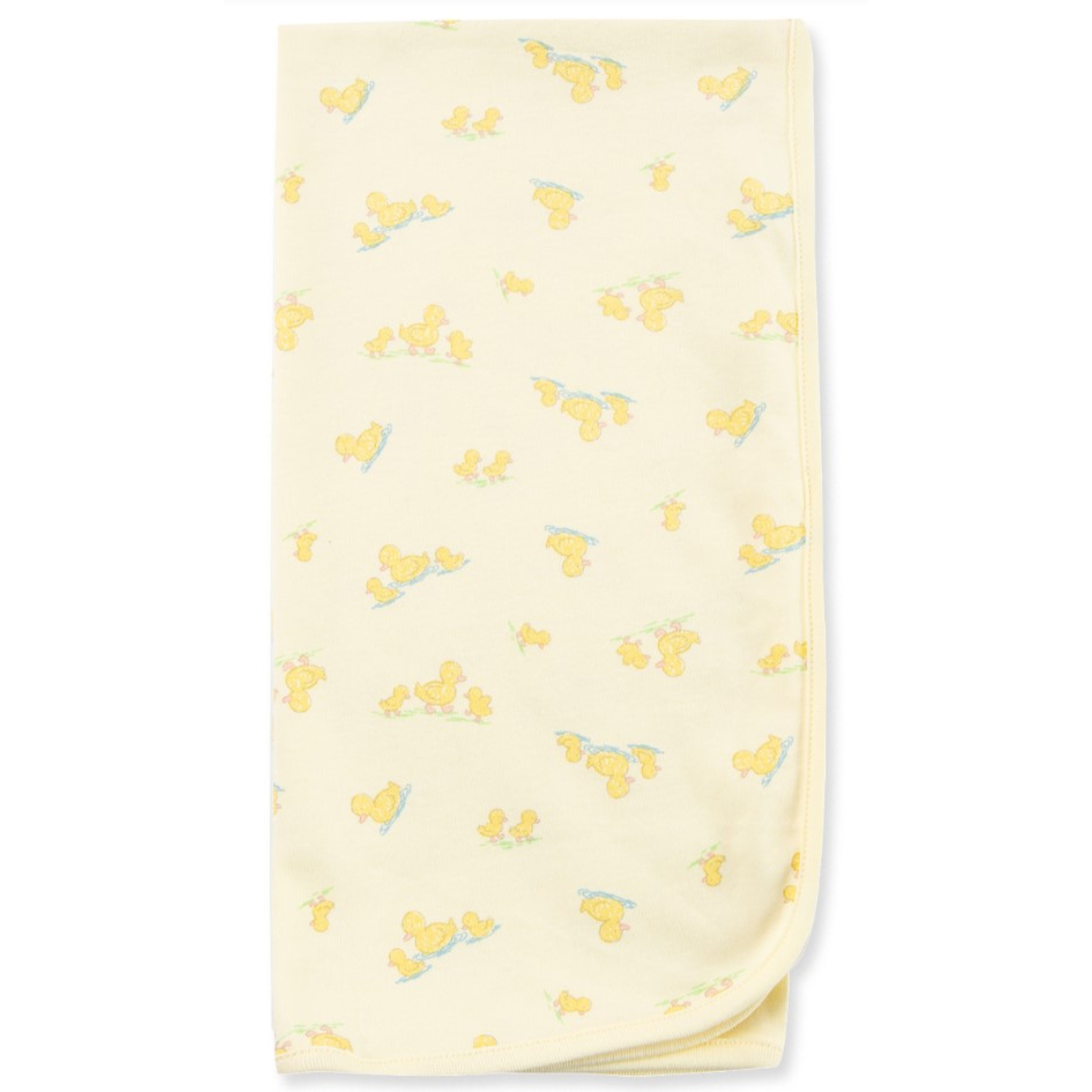Soft yellow baby blanket featuring playful duckling print all over, ideal for swaddling or cuddling.