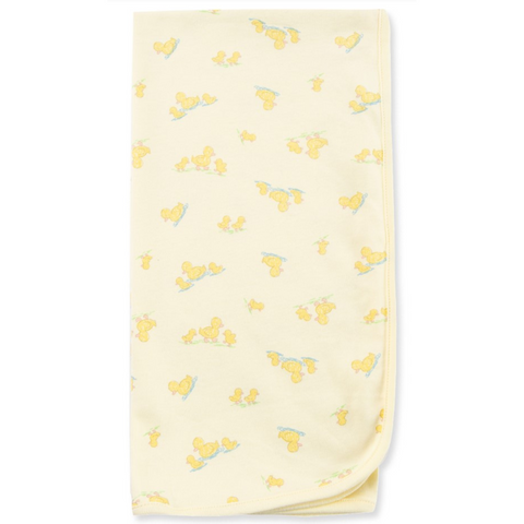 Soft yellow baby blanket featuring playful duckling print all over, ideal for swaddling or cuddling.