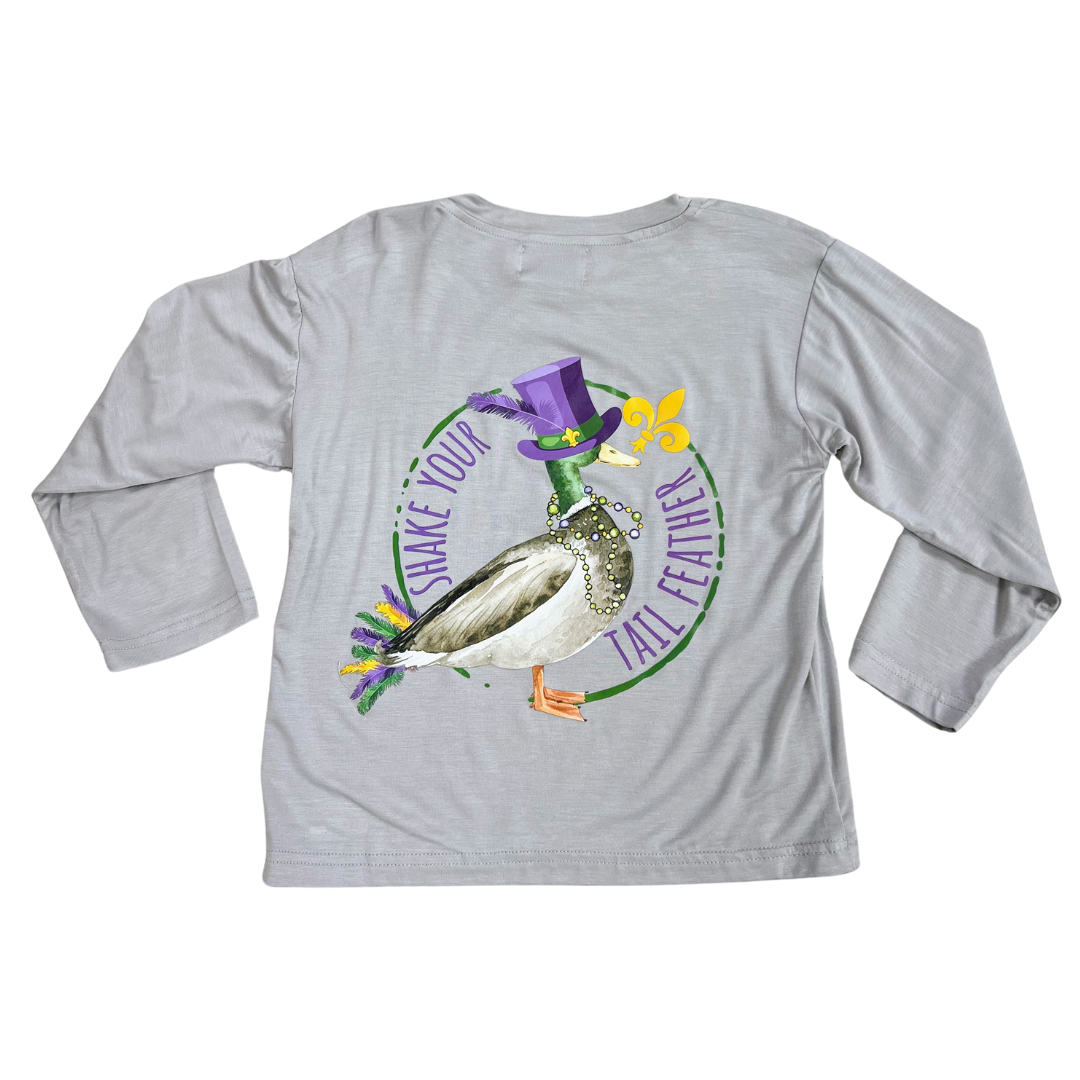 light grey modal long sleeve tee with a mardi gras mallard duck and "shake your tail feather" saying