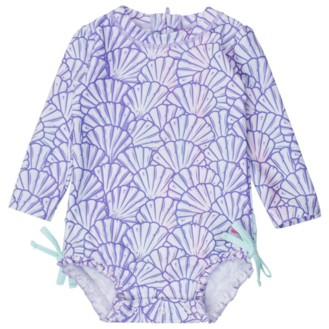 front of purple shell long sleeve one piece rash guard swimsuit