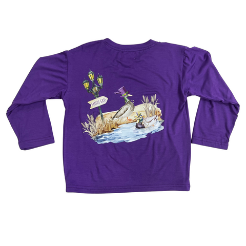 dark purple long sleeve modal tee with screen print on the back of mallard ducks wearing mardi gras attire in a pond