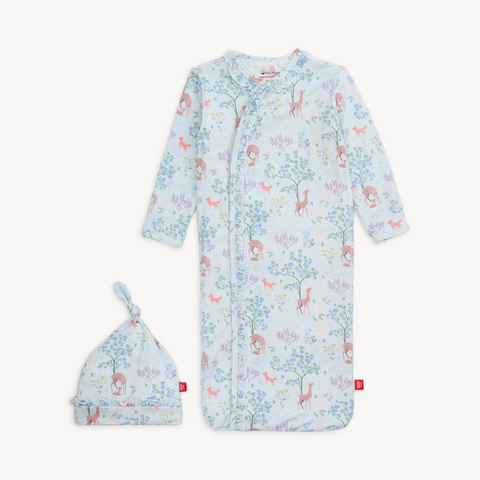 Soft TENCEL™ modal baby gown with matching hat, magnetic closure front, fold-over mittens, and closed bottom for warmth.