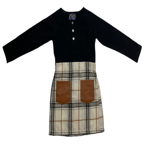 black long sleeve top with cream plaid skirt