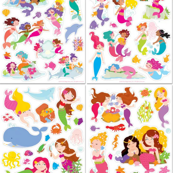 Sheets of colorful reusable mermaid stickers with sea animals and treasure chest