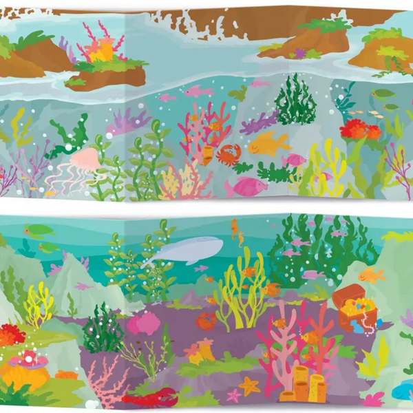 Fold-out underwater play scenes with coral reefs, seaweed, fish, and ocean creatures