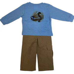 blue long sleeve shirt with mallard duck with matching pants