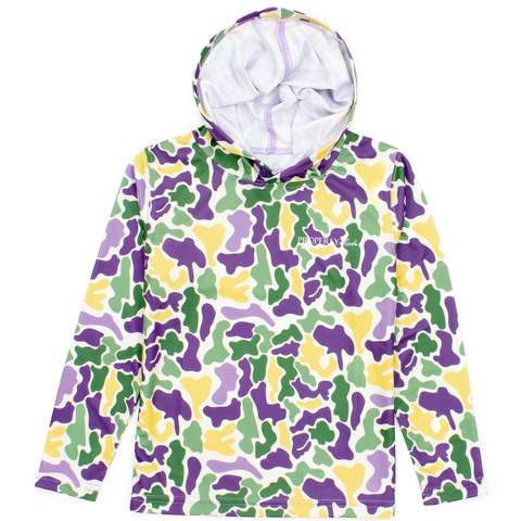 Boys’ hooded pullover with Mardi Gras camo print in purple, green, and yellow with Properly Tied logo on chest

