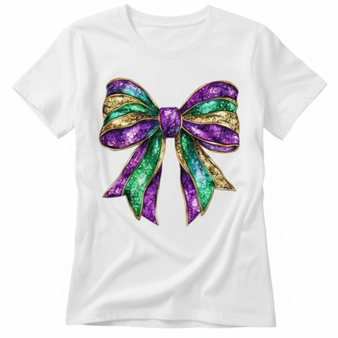White short-sleeve t-shirt featuring a large, colorful glitter bow graphic in shades of purple, green, and gold, on a plain white background.