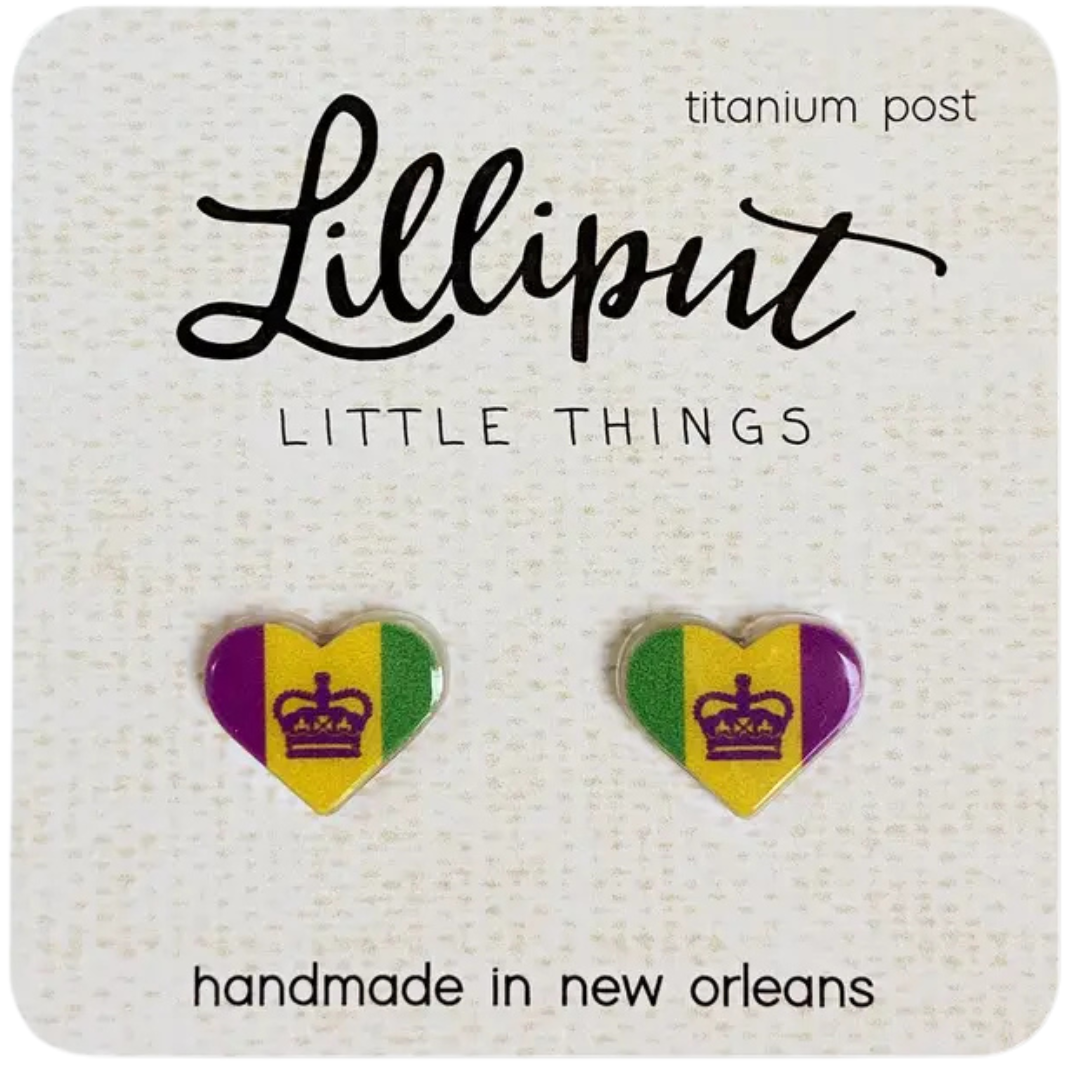 heart shaped acrylic earrings in purple gold and green with the kings crown.
