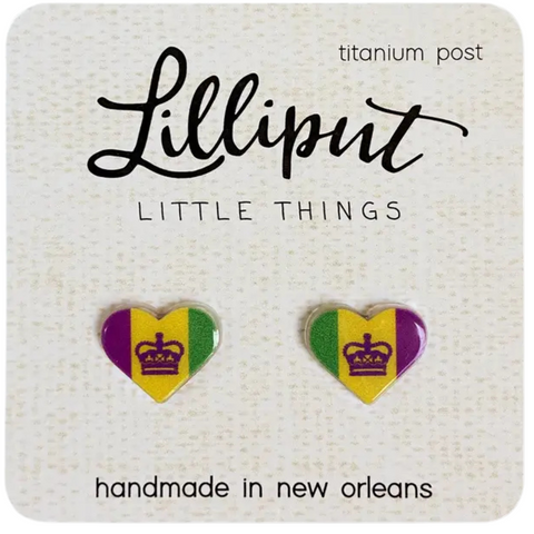 heart shaped acrylic earrings in purple gold and green with the kings crown.
