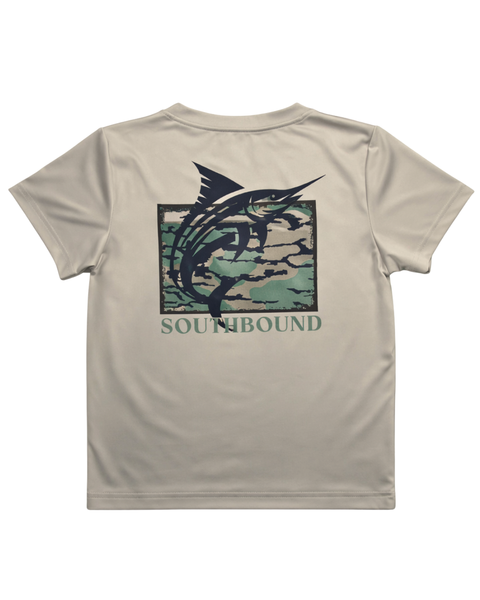 Beige t-shirt with a fish graphic and 'Southbound' text on a white background