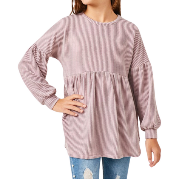 mauve ribbed stripe long sleeve baby doll top