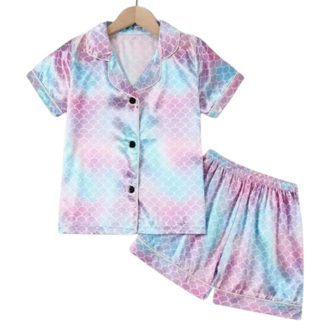 short sleeve button down satin shirt and shorts with purple, blue, and pink scalloped print 