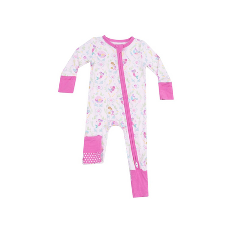 light pink romper with hot pink sleeves and zippers with mermaid print
