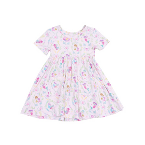 light pink twirl dress with short sleeves and mermaid print